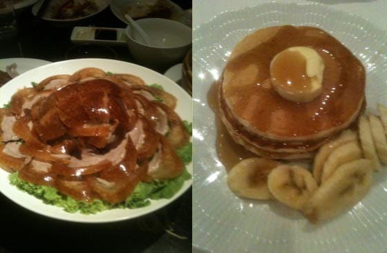 Left: Shanghai Duck, which was served in Peking. Right: the best pancakes I’ve ever eaten; at a hotel in Shanghai